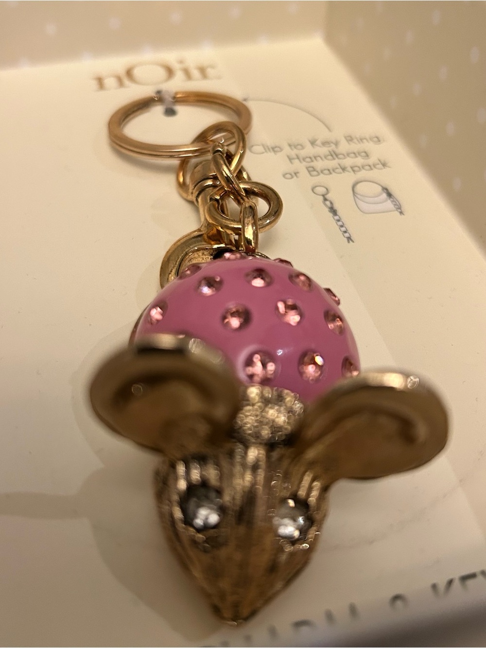 nOir Jewelry whimsical Pink Crystal Mouse Keychain with Gold Hardware bag charm